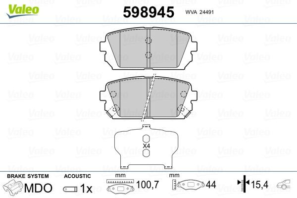 VALEO 598945 Brake pad set Rear Axle, incl. wear warning contact, with anti-squeak plate