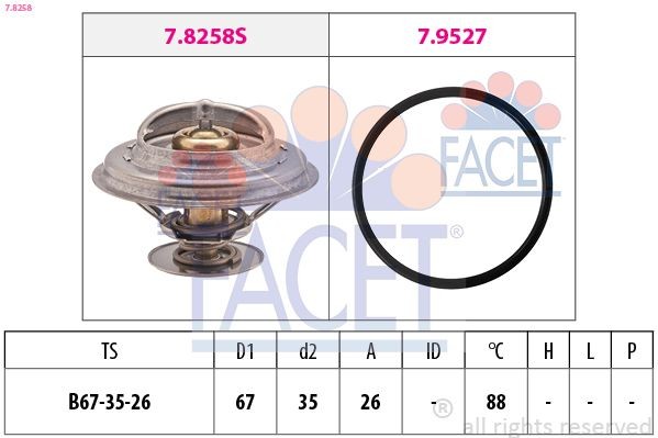 FACET 7.8258 Engine thermostat Opening Temperature: 88°C, 67mm, Made in Italy - OE Equivalent, with seal