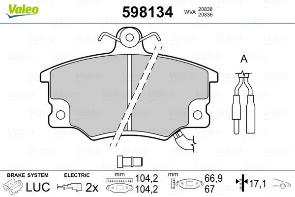 20838 VALEO Front Axle, incl. wear warning contact Height 2: 67mm, Height: 67mm, Width 2 [mm]: 104mm, Width: 104mm, Thickness 2: 17,1mm, Thickness: 17,1mm Brake pads 598134 buy