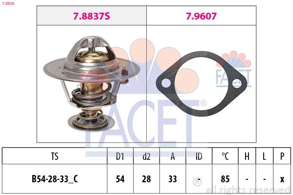 FACET 7.8838 Engine thermostat Opening Temperature: 85°C, 54mm, Made in Italy - OE Equivalent, with seal