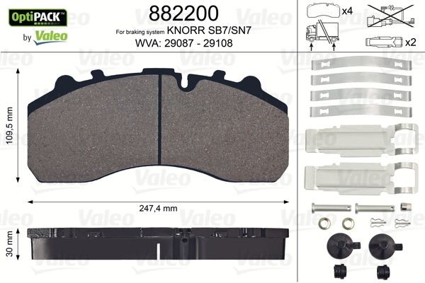 29087 VALEO OPTIPACK, Front Axle, Rear Axle, excl. wear warning contact, without bolts/screws Height: 109,5mm, Width: 247mm, Thickness: 30mm Brake pads 882200 buy