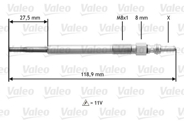 345118 VALEO Glow plug SKODA 11V M8X1, 118,9 mm, 12 Nm