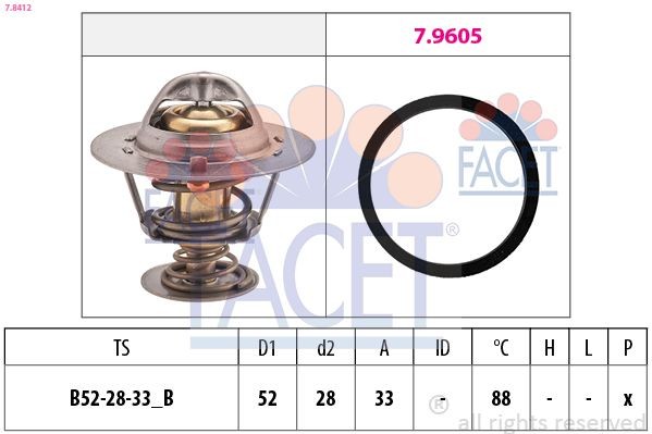 7.8412 FACET Coolant thermostat PEUGEOT Opening Temperature: 88°C, 52mm, Made in Italy - OE Equivalent