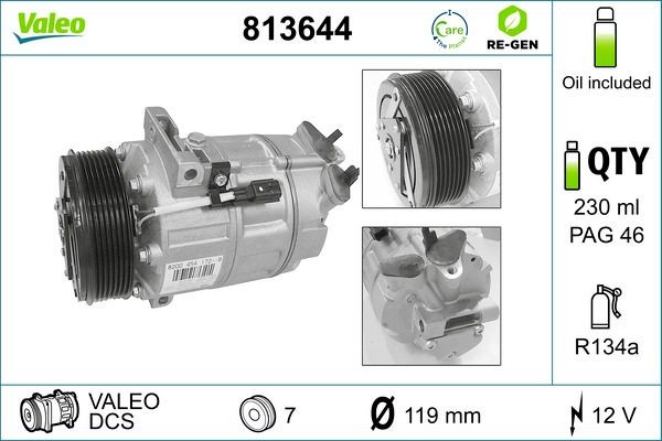 VALEO 813644 Air conditioning compressor DCS, 12V, PAG 46, R 134a, with PAG compressor oil, REMANUFACTURED
