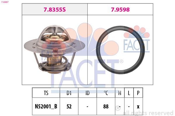 FACET 7.8487 Engine thermostat Opening Temperature: 88°C, 52mm, Made in Italy - OE Equivalent, with seal