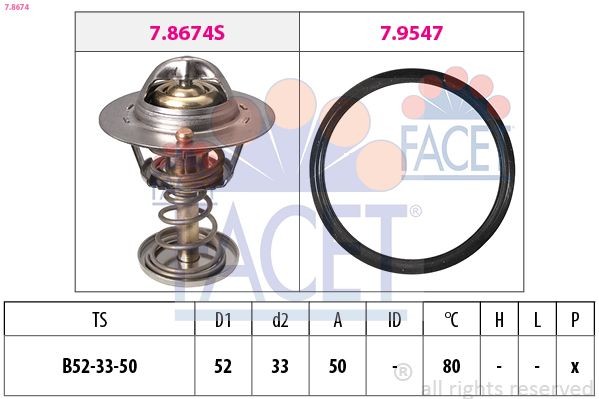 FACET 7.8674 Engine thermostat Opening Temperature: 80°C, 52mm, Made in Italy - OE Equivalent, with seal