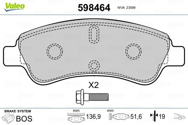 VALEO 598464 Brake pad set Front Axle, excl. wear warning contact, with bolts/screws, without anti-squeak plate