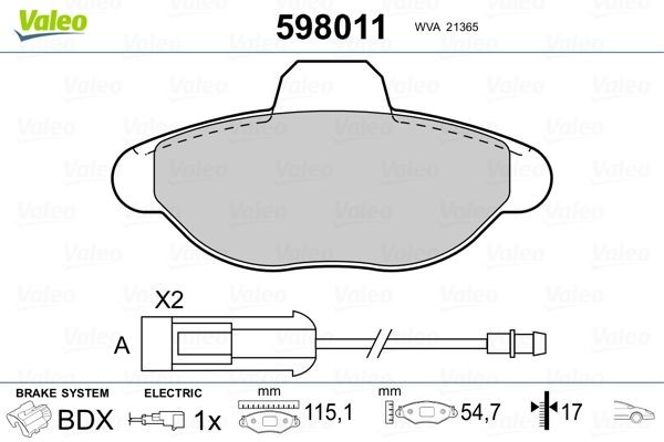 598011 Set of brake pads 598011 VALEO Front Axle, incl. wear warning contact, without anti-squeak plate