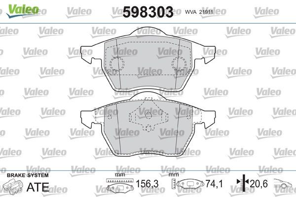21911 VALEO Front Axle, excl. wear warning contact, with anti-squeak plate Height: 74,1mm, Width: 156mm, Thickness: 20,6mm Brake pads 598303 buy