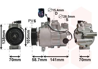 VAN WEZEL 0300K279 Air conditioning compressor 6SEU14, 12V, PAG 46, R 134a, without magnetic clutch, with accessories, with seal