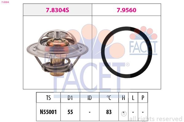 7.8304 FACET Coolant thermostat FIAT Opening Temperature: 83°C, 55mm, Made in Italy - OE Equivalent, with seal