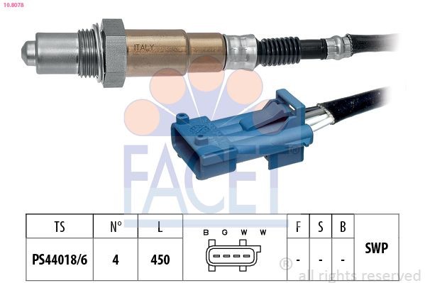 Exhaust sensor FACET Made in Italy - OE Equivalent, Heated, Planar probe, Thread pre-greased, 4 - 10.8078