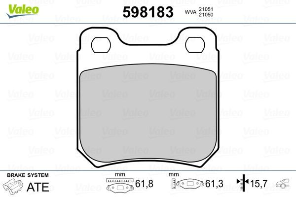 21050 VALEO Rear Axle, excl. wear warning contact, without anti-squeak plate Height: 61mm, Width: 62mm, Thickness: 15,7mm Brake pads 598183 buy