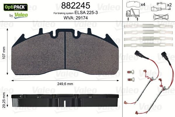 29174 VALEO OPTIPACK, incl. wear warning contact, with integrated wear warning contact, with bolts/screws Height: 107mm, Width: 250mm, Thickness: 29mm Brake pads 882245 buy