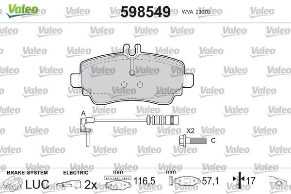 VALEO 598549 Brake pad set Front Axle, incl. wear warning contact, with bolts/screws, without anti-squeak plate