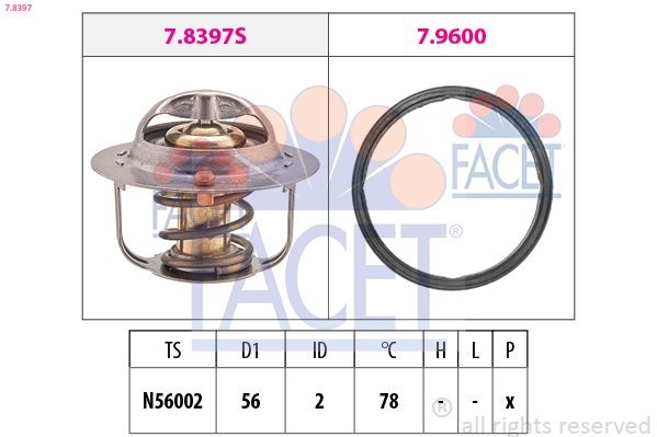 FACET 7.8397 Engine thermostat Opening Temperature: 78°C, 56mm, Made in Italy - OE Equivalent, with seal