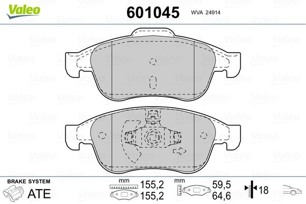 601045 Set of brake pads 601045 VALEO Front Axle, excl. wear warning contact, with anti-squeak plate