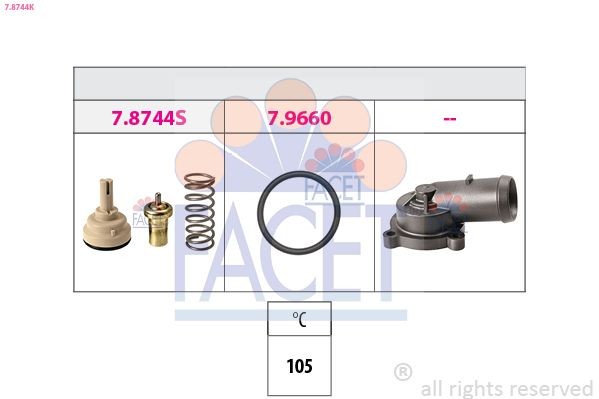 7.8744K FACET Coolant thermostat SKODA Opening Temperature: 105°C, Made in Italy - OE Equivalent, with connection adapters