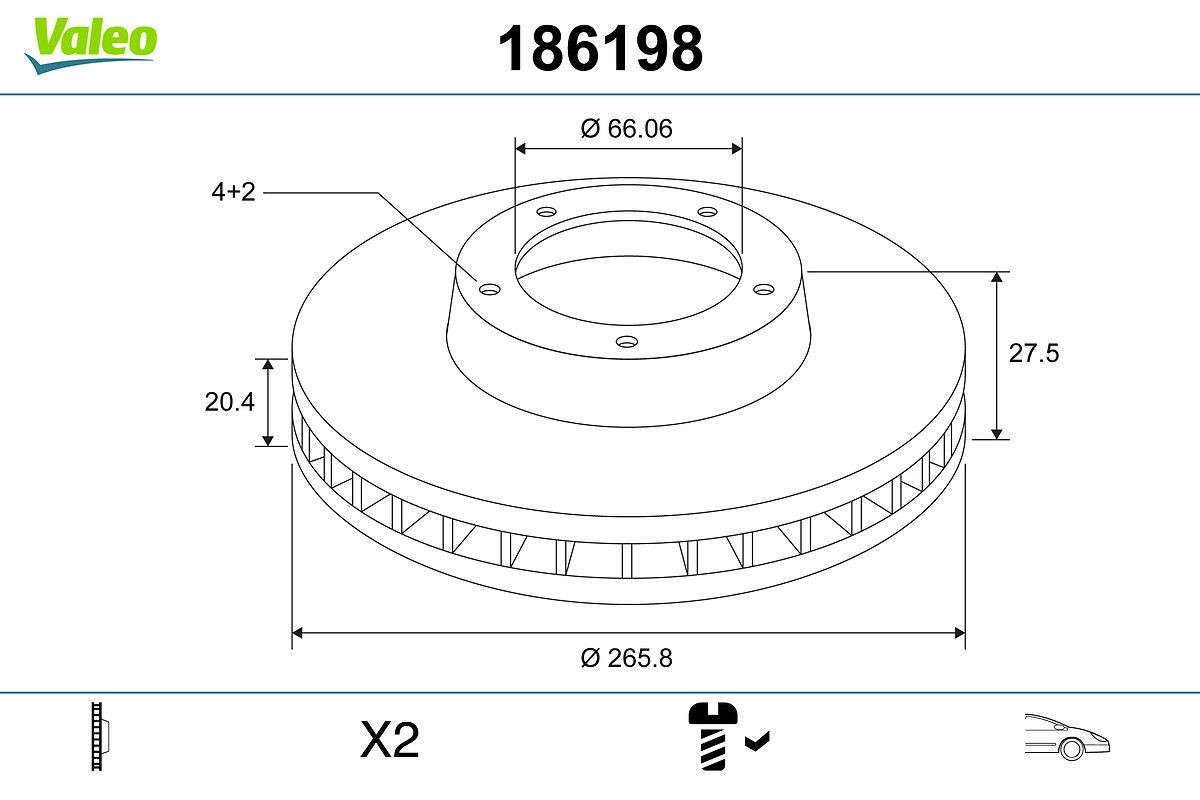 VALEO 186198 Brake disc Front Axle, 266x20,4mm, 4, Vented