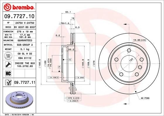 BREMBO 276x19mm, 5, internally vented, High-carbon Ø: 276mm, Num. of holes: 5, Brake Disc Thickness: 19mm Brake rotor 09.7727.10 buy