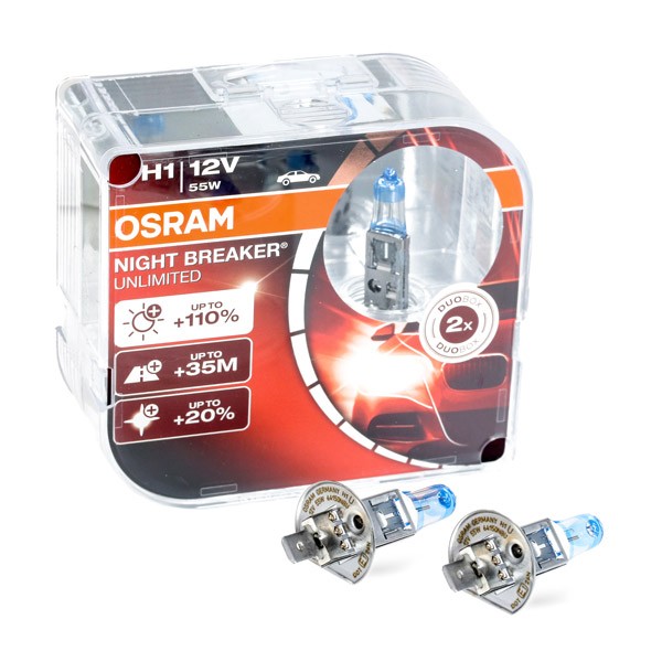 OSRAM NIGHT BREAKER UNLIMITED Headlight Bulbs Duo H1 +110% 12V 55W for HIGH  BEAM 