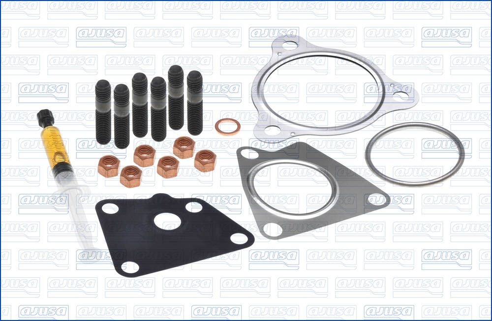 JTC11493 AJUSA Turbocharger gasket PORSCHE with studs, syringe with oil, with gaskets/seals