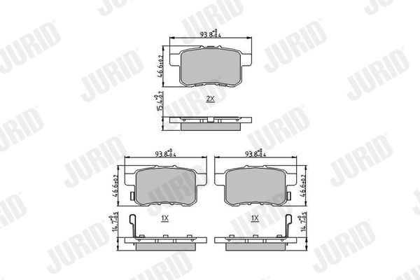 24435 JURID with acoustic wear warning, without accessories Height 1: 46,6mm, Height: 46,6mm, Width: 93,5mm, Thickness 1: 14,7mm, Thickness: 15,3mm Brake pads 572626J buy
