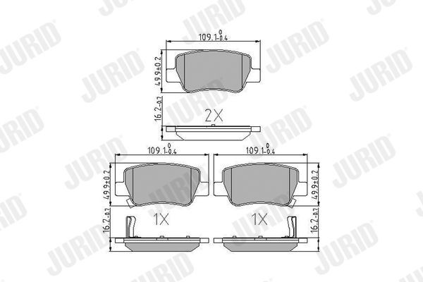 24885 JURID with acoustic wear warning, without accessories Height 1: 49,9mm, Height: 49,9mm, Width: 109mm, Thickness: 16,2mm Brake pads 572627J buy