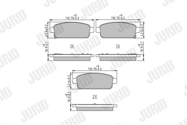 25096 JURID with acoustic wear warning, without accessories Height 1: 42,7mm, Height: 42,7mm, Width: 116,6mm, Thickness 1: 16,2mm, Thickness: 16,5mm Brake pads 573335J buy