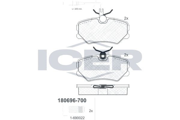 ICER 180696-700 Brake pad set incl. wear warning contact, Axle Vers.: Front