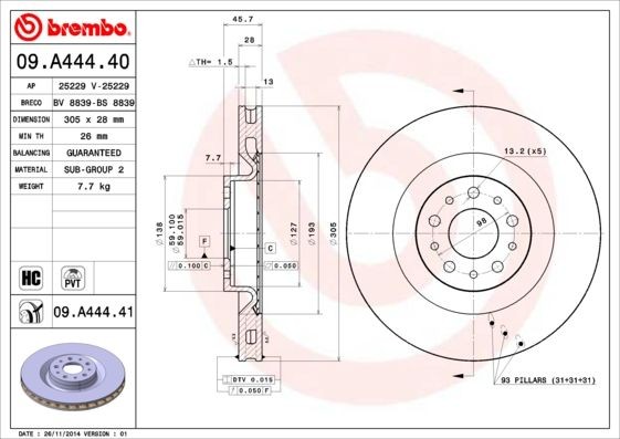 BREMBO 09.A444.40 Brake disc 305x28mm, 5, internally vented, High-carbon