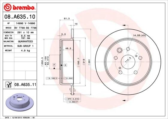 BREMBO COATED DISC LINE 08.A635.11 Brake disc 291x10mm, 5, solid, Coated