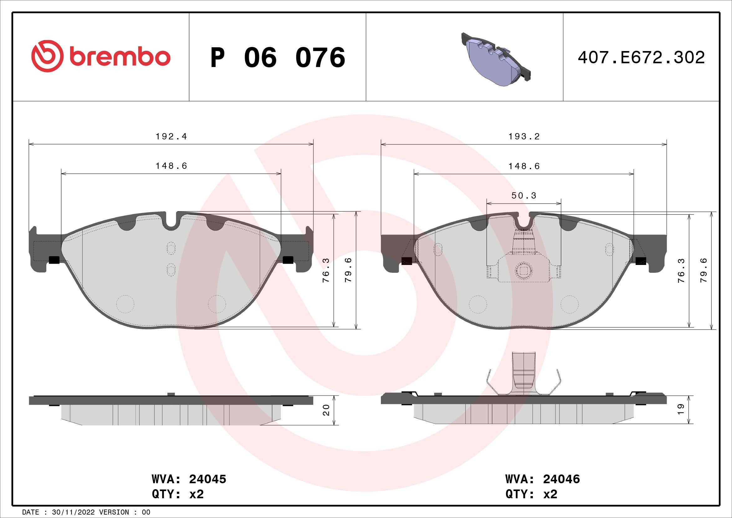 P06076 Set of brake pads D14098518 BREMBO prepared for wear indicator, with piston clip, without accessories