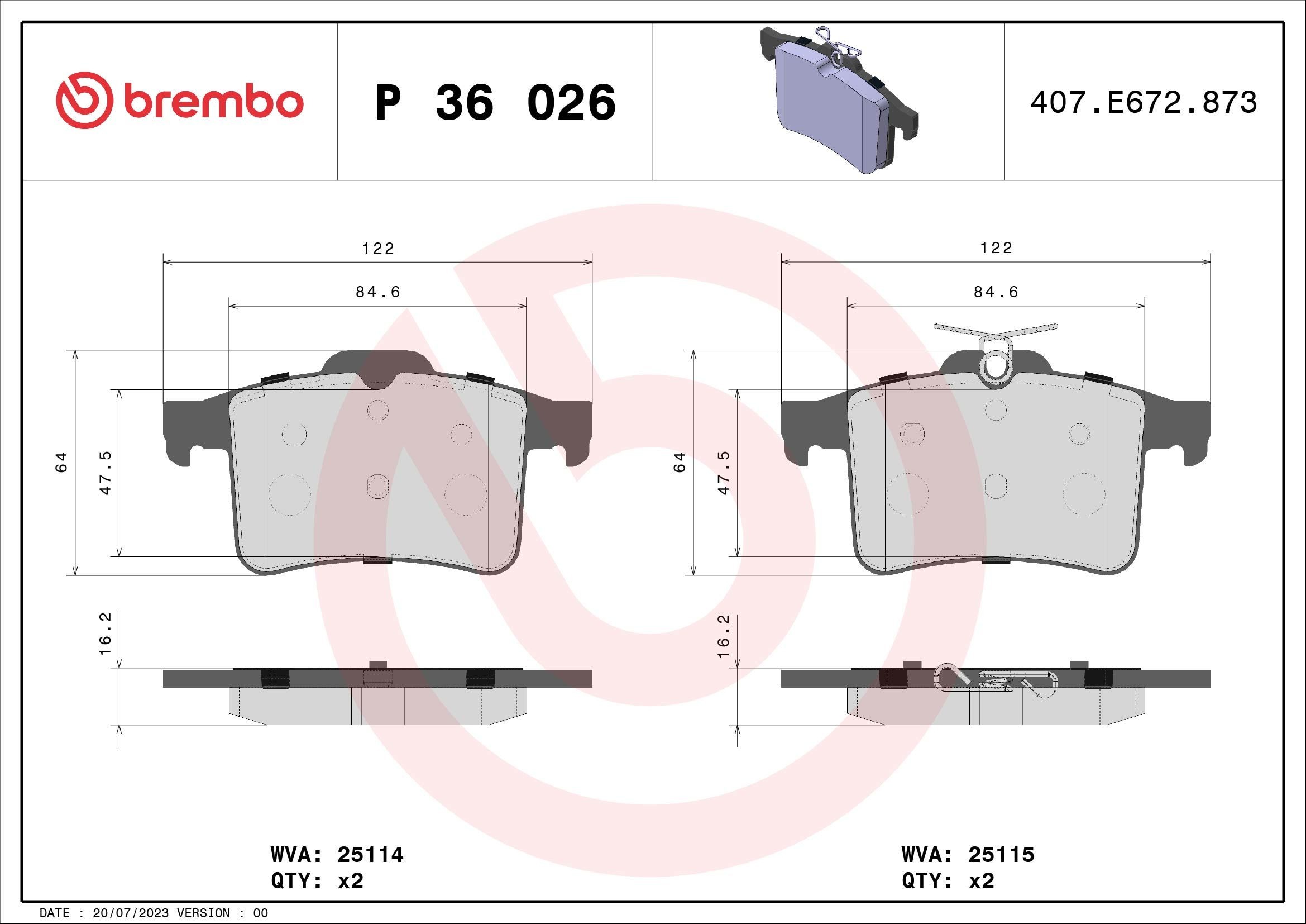 25114 BREMBO excl. wear warning contact, without accessories Height: 64mm, Width: 122mm, Thickness: 16mm Brake pads P 36 026 buy