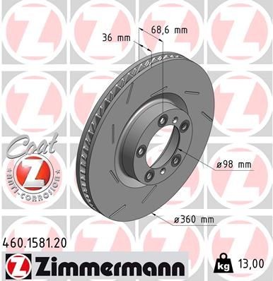 ZIMMERMANN COAT Z 360x36mm, 7/5, 5x130, internally vented, slotted, Coated, High-carbon Ø: 360mm, Rim: 5-Hole, Brake Disc Thickness: 36mm Brake rotor 460.1581.20 buy