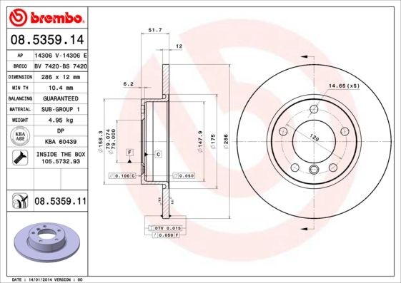 BREMBO 08.5359.11 Brake rotor 286x12mm, 5, solid, Coated