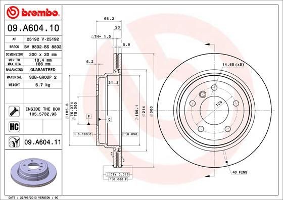 BREMBO COATED DISC LINE 300x20mm, 5, internally vented, Coated, High-carbon Ø: 300mm, Num. of holes: 5, Brake Disc Thickness: 20mm Brake rotor 09.A604.11 buy