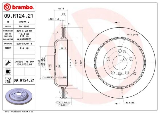 BREMBO COATED DISC LINE 09.R124.21 Brake disc 330x22mm, 5, internally vented, Coated, High-carbon