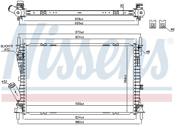 69223 Radiator 69223 NISSENS Aluminium, 590 x 366 x 26 mm, with gaskets/seals, without expansion tank, without frame, Brazed cooling fins