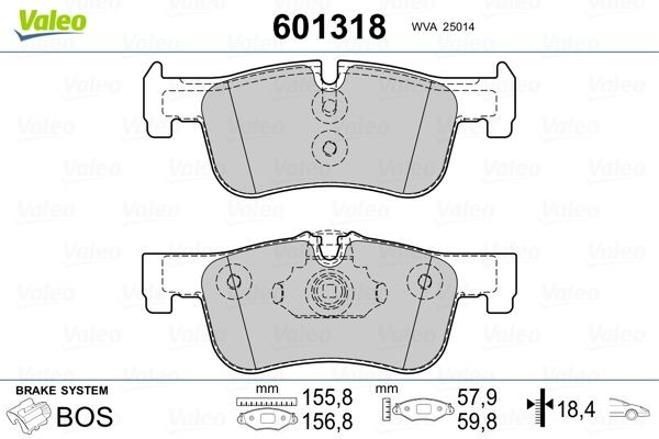 VALEO Front Axle, excl. wear warning contact, with anti-squeak plate Height 2: 59,8mm, Height: 57,9mm, Width 2 [mm]: 157mm, Width: 156mm, Thickness 2: 18,4mm, Thickness: 18mm Brake pads 601318 buy
