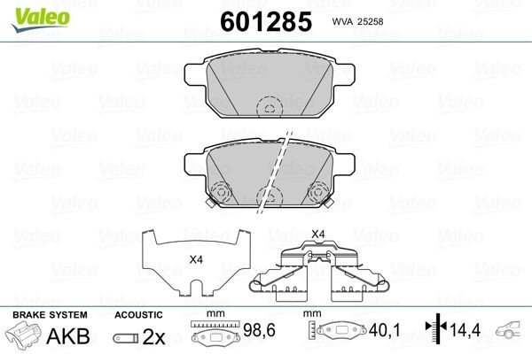 VALEO 601285 Brake pad set Rear Axle, incl. wear warning contact, with anti-squeak plate, with slide rails
