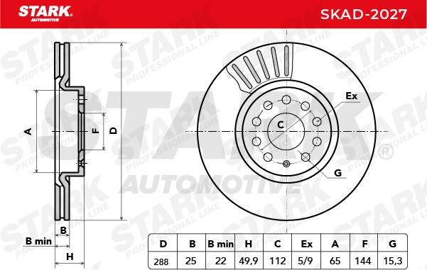 STARK SKAD-2027 Brake rotor Front Axle, 288x25,0mm, 5/9x112,0, Vented, Grey Cast Iron, Uncoated