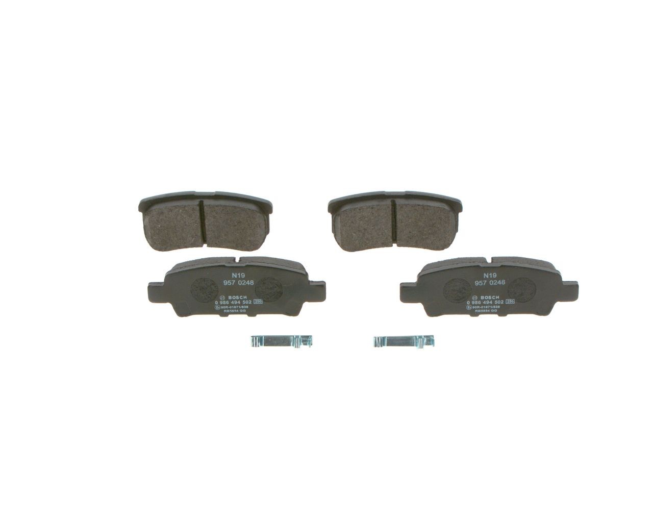 0986494502 Set of brake pads 0 986 494 502 BOSCH Low-Metallic, with acoustic wear warning, with piston clip