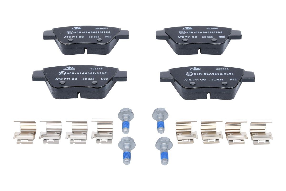 13.0460-3858.2 Set of brake pads 603858 ATE not prepared for wear indicator, excl. wear warning contact, with brake caliper screws, with accessories