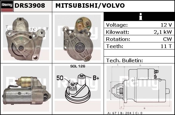 DRS3908 DELCO REMY Starter MITSUBISHI 12V, 2,1kW, Number of Teeth: 11, SOL126, Ø 67 mm, Remy Remanufactured