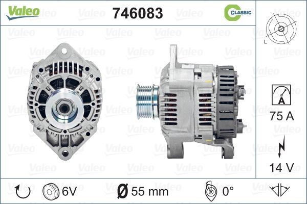 A11VI81 VALEO 14V, 75A, L/R, Ø 55 mm, with integrated regulator, REMANUFACTURED CLASSIC Number of ribs: 6 Generator 746083 buy