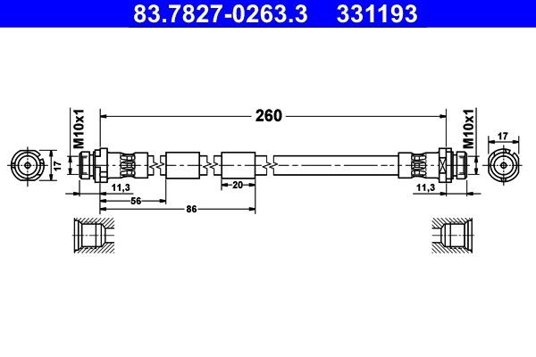 Original 83.7827-0263.3 ATE Flexible brake line FORD