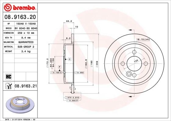 BREMBO 08.9163.20 Brake disc 259x10mm, 4, solid, High-carbon
