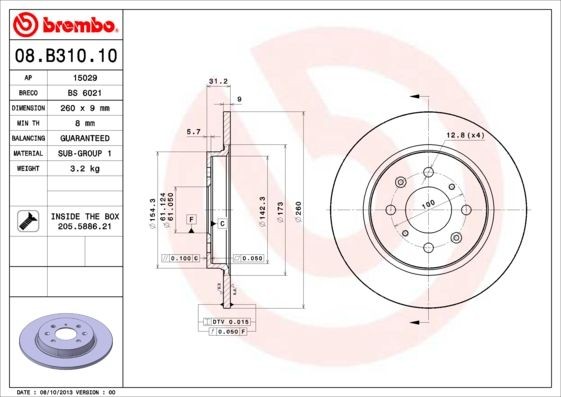 BREMBO 08.B310.10 Brake disc 260x9mm, 4, solid