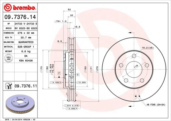 BREMBO COATED DISC LINE 09.7376.11 Brake disc 278x32mm, 5, internally vented, Coated